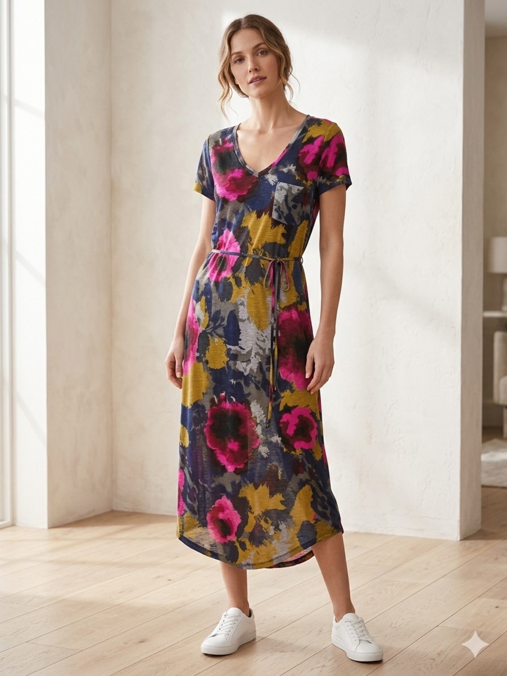 V-Neck Floral Maxi Dress in Navy, Fuchsia & Olive